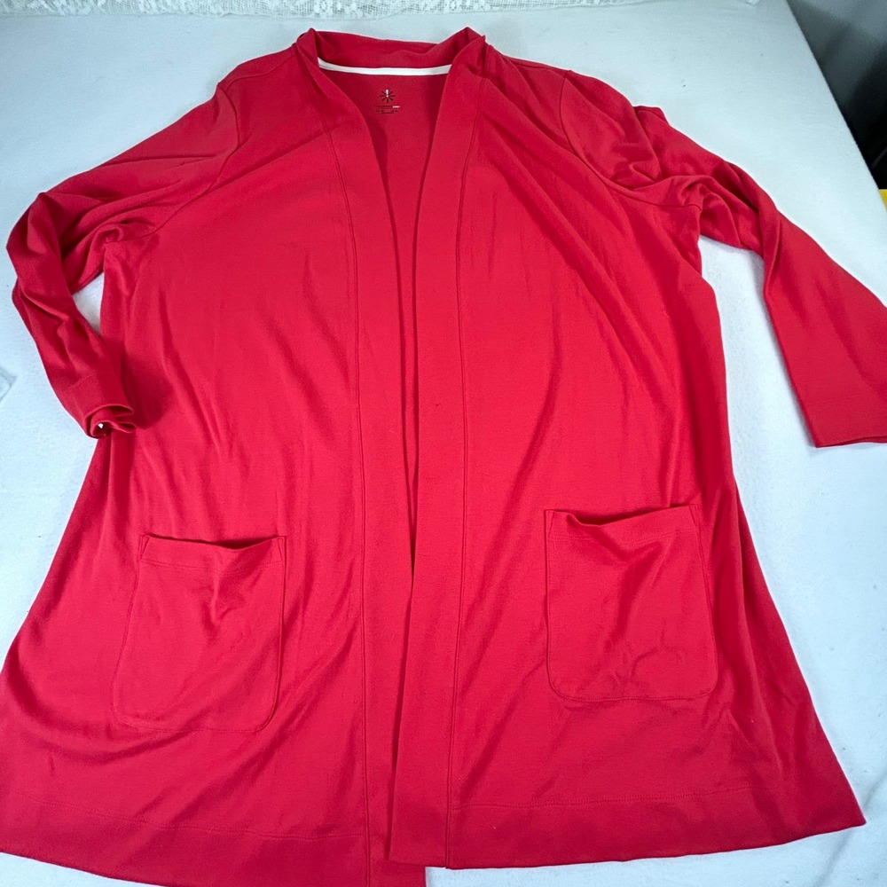 Isaac Mizrahi Live Essentials Red Open Front Cardigan Cotton Pockets 3X A374242‎